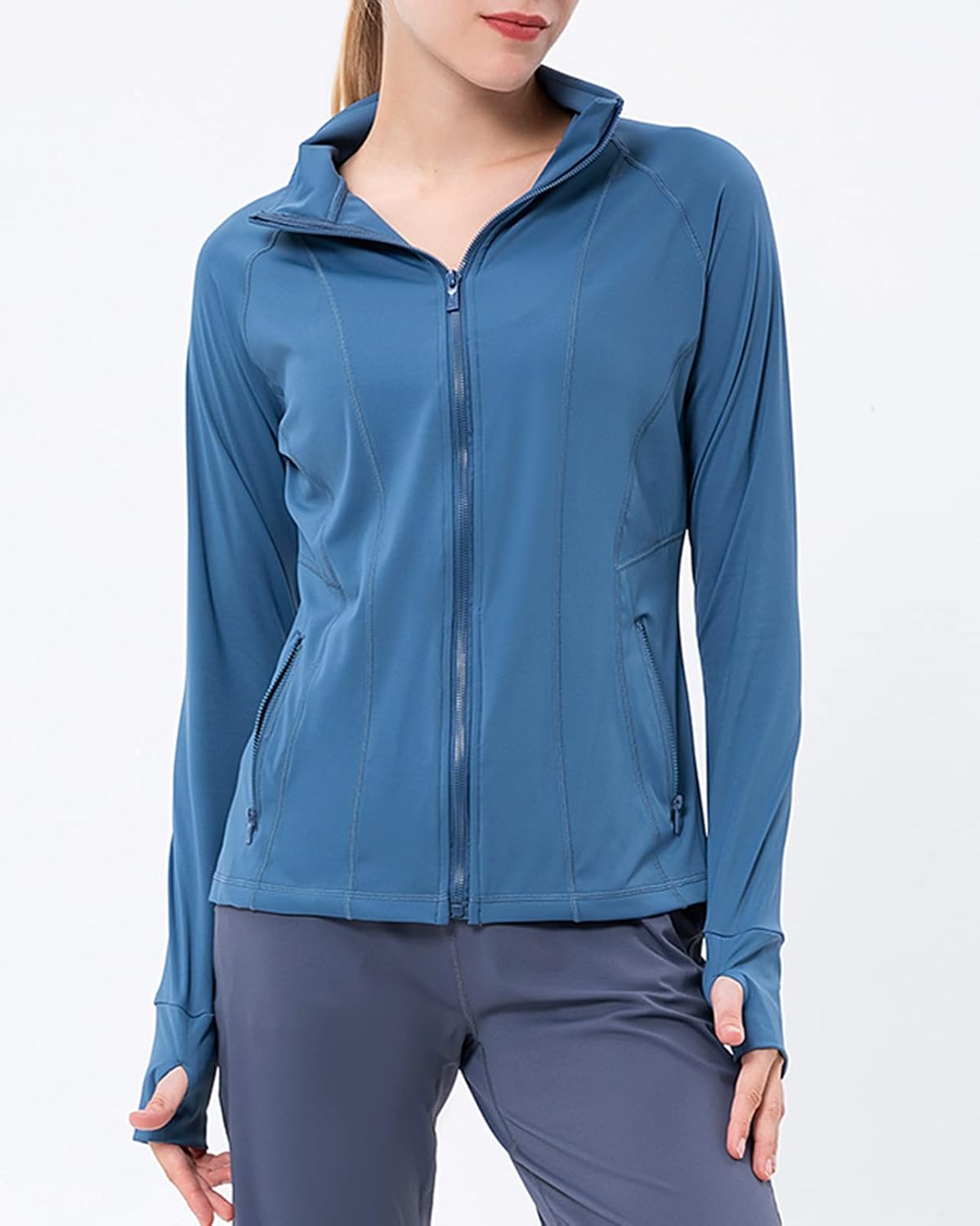 Womens Long Sleeve Full Zip Sports Running Top Ladies Quick Dry Yoga Gym Fitness Active Jacket with Thumb Holes