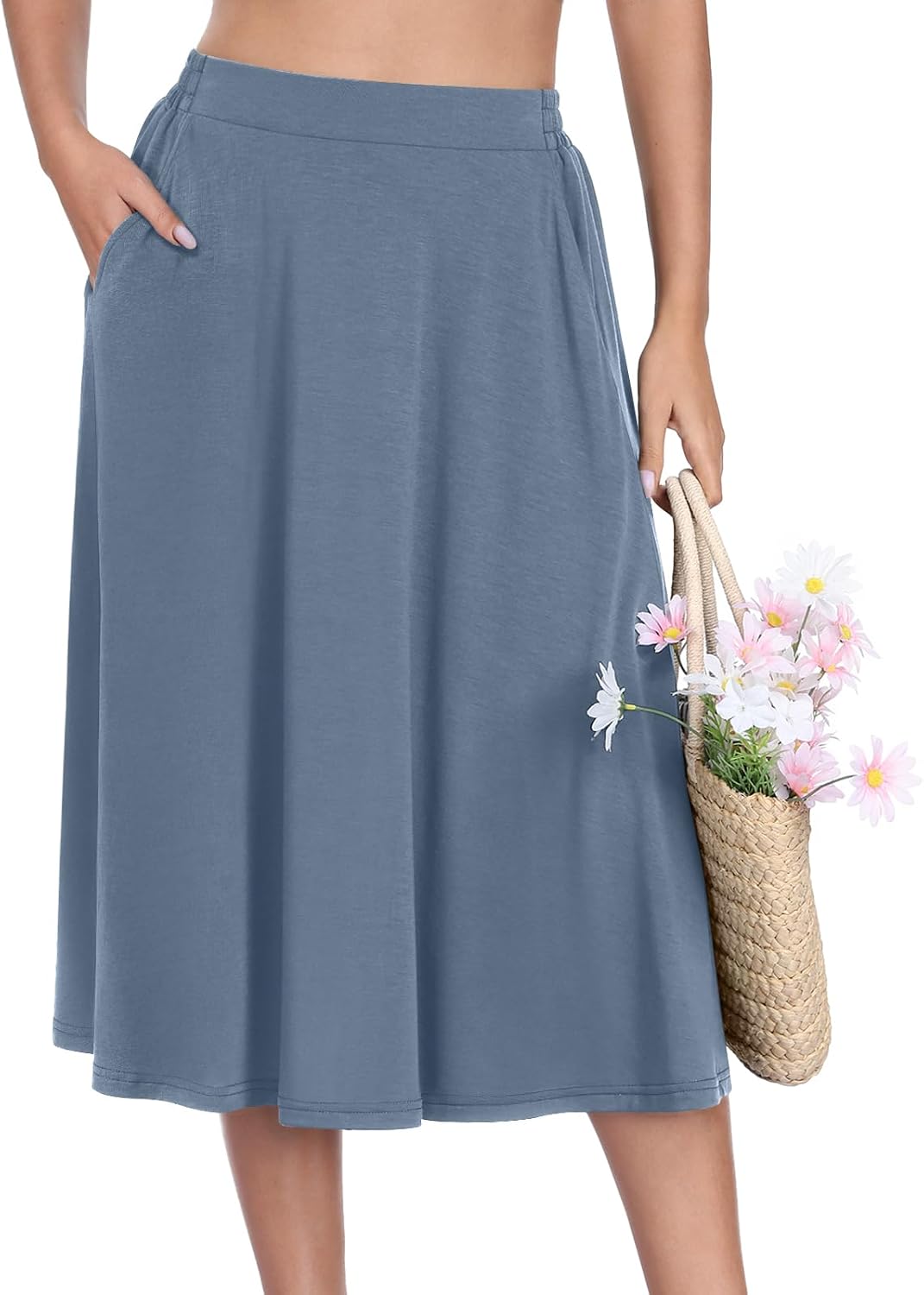 Women's Midi A-Line Skirts Summer Flowy 2026 Elastic High Waisted Casual Skirt with Pockets