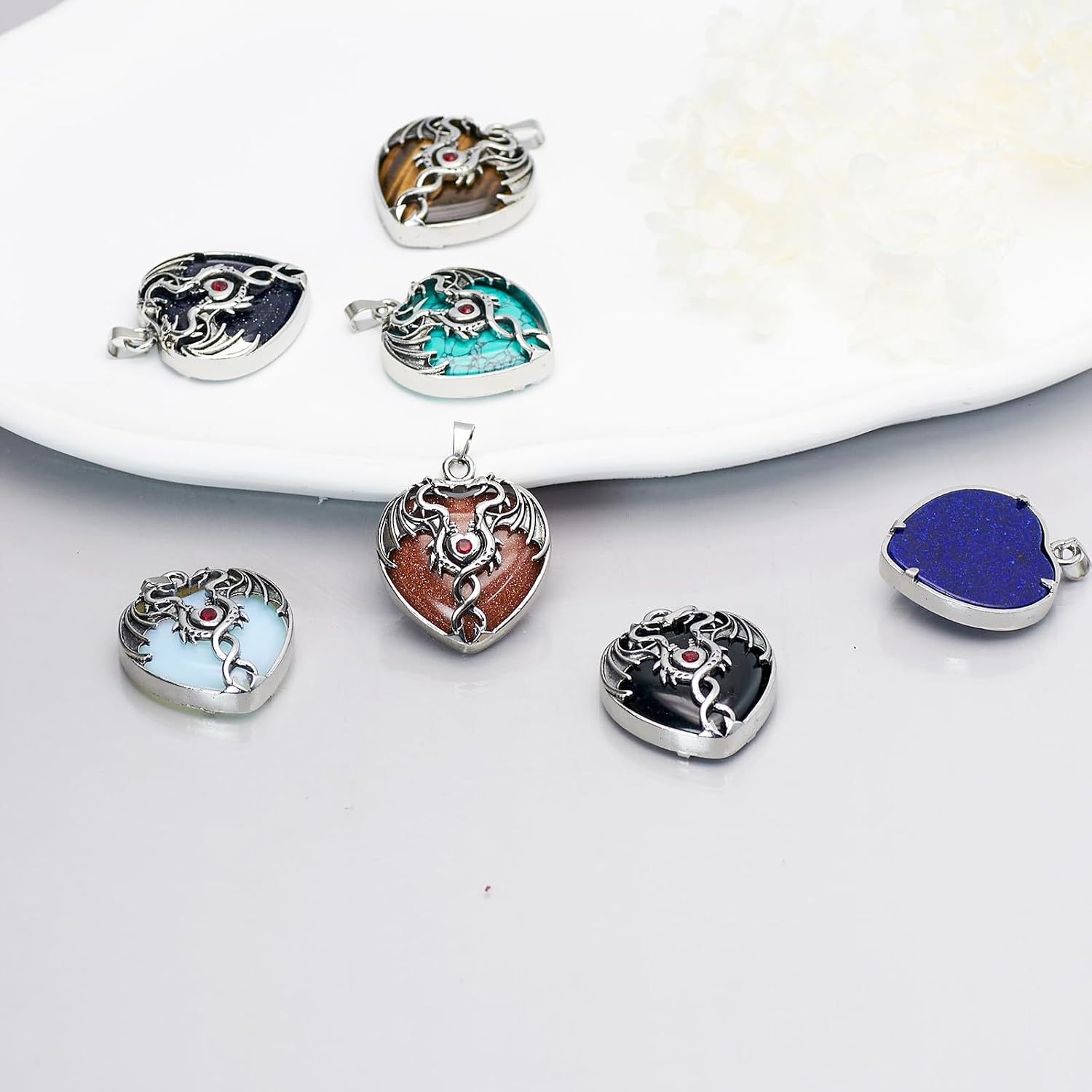 6 Pieces Crystal Dragon Pendants for Men Women Heart Shaped Alloy Dragon Inlay Design Natural Gemstone Quartz Charm for Jewelry Making Necklace