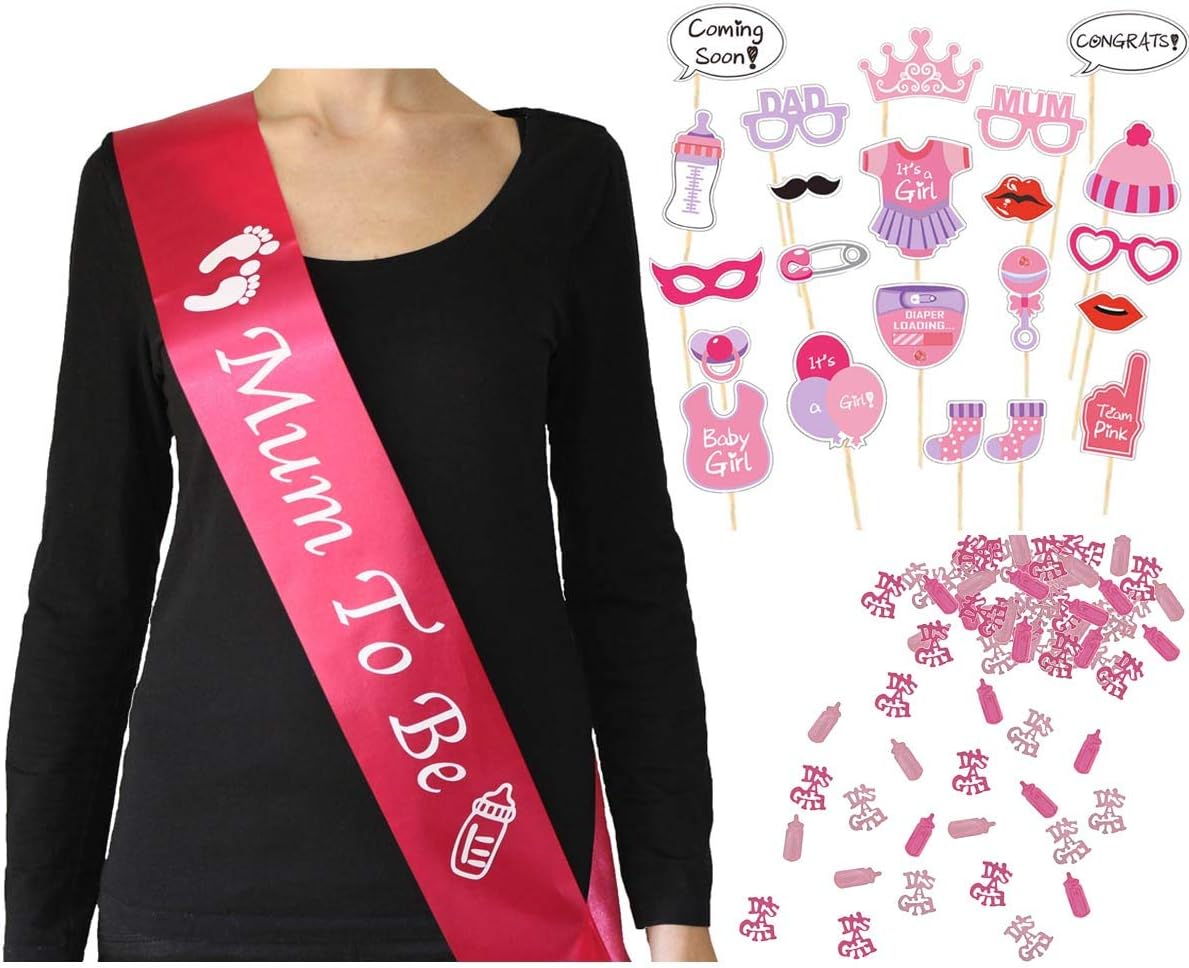 Girl Baby Shower Set and Mum to Be Party Decorations, Mummy to Be Pink Sash, Baby Girl Photo Booth Props and Confetti Mix.