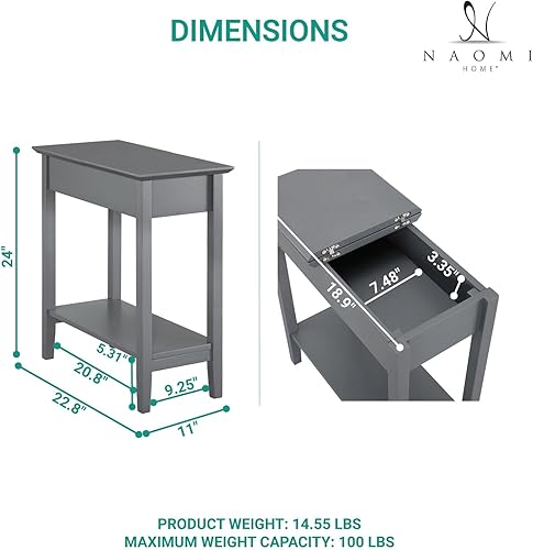 Miniatura 2 de Naomi Home Roxy Mesa auxiliar estrecha: elegante mesa auxiliar delgada con almacenamiento superior abatible y estante abierto, mesita de noche gris
