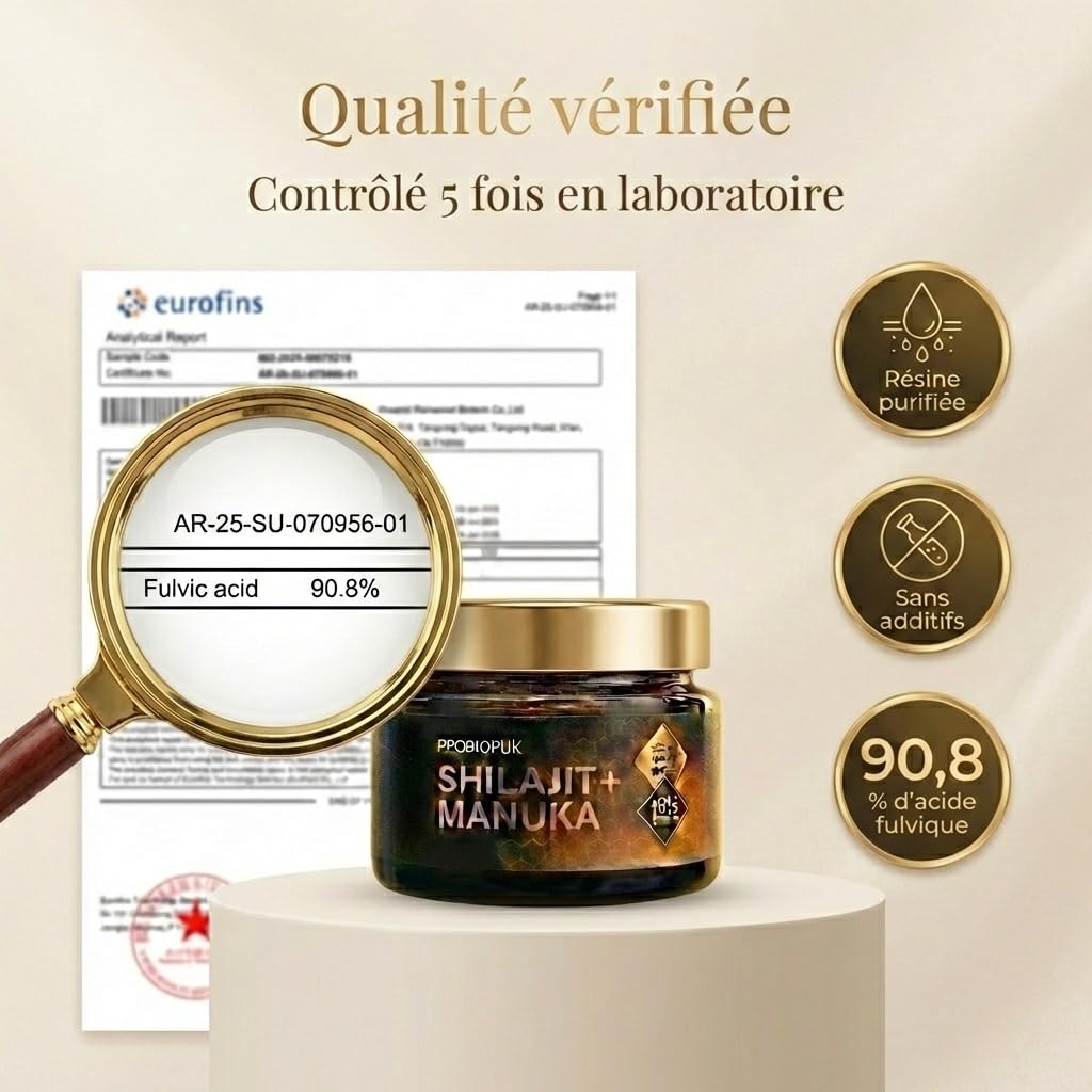 PROBIOPUR - Shilajit + Manuka – 50g -Formule exclusive 2-en-1 – Résine 100% pure Himalaya + Manuka MGO 200+ – Acide fulvique 90% – Marque française – 100% naturel