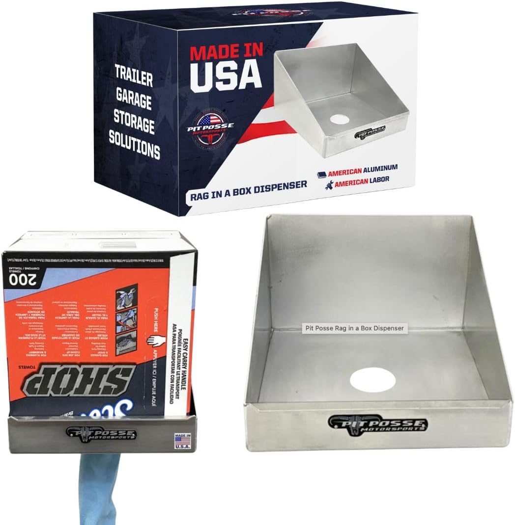 Pit Posse 474 Rag in a Box Dispenser Holder Rack - Made in USA - Paper Towel Garage Race Trailer Mechanics Shop Storage Workspace Aluminum Organizer (Silver) Small Size 9.5L x9.5W x 6H