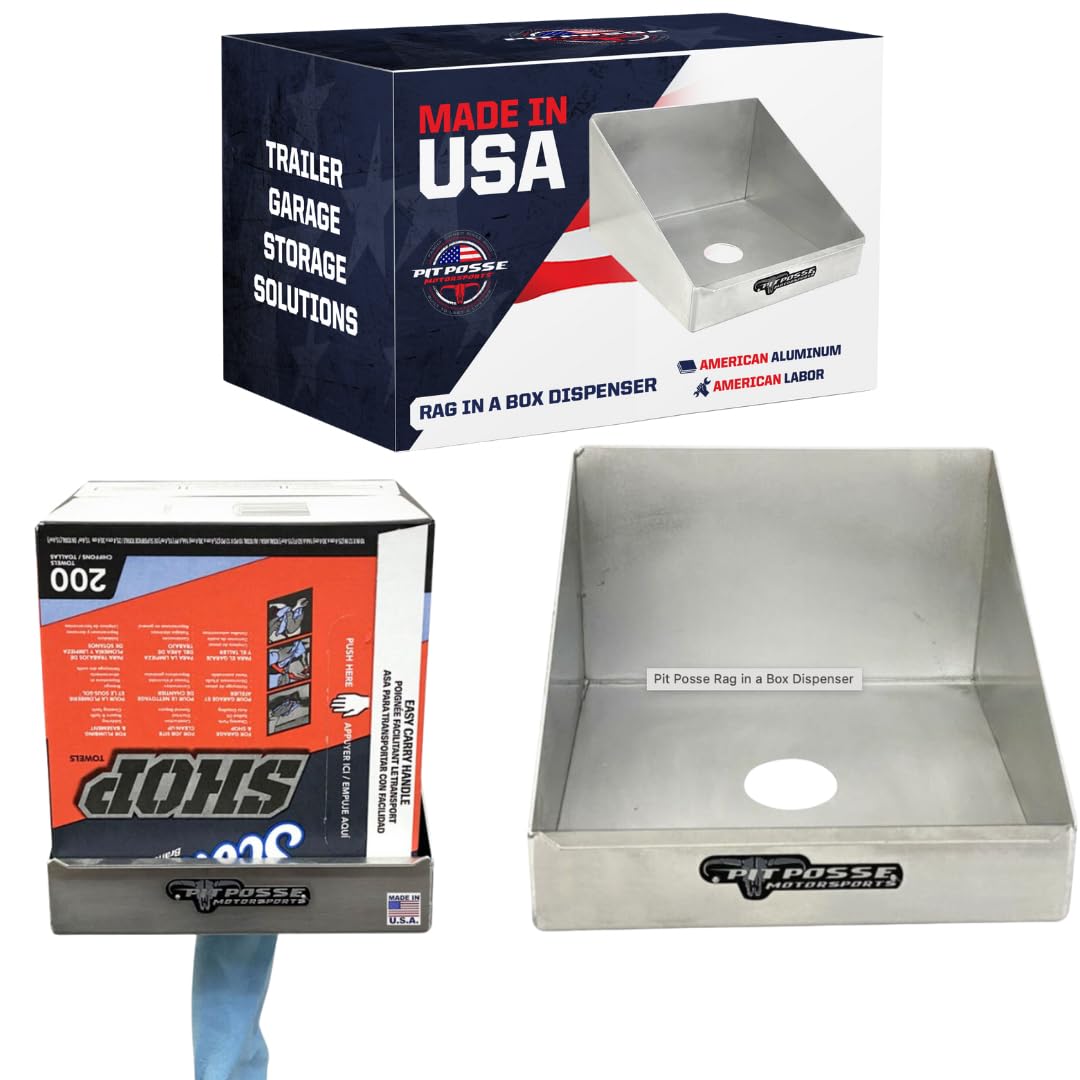 Pit Posse474 Rag in a Box Dispenser Holder Rack - Made in USA - Paper Towel Garage Race Trailer Mechanics Shop Storage Workspace Aluminum Organizer (Silver) Small Size 9.5L x9.5W x 6H