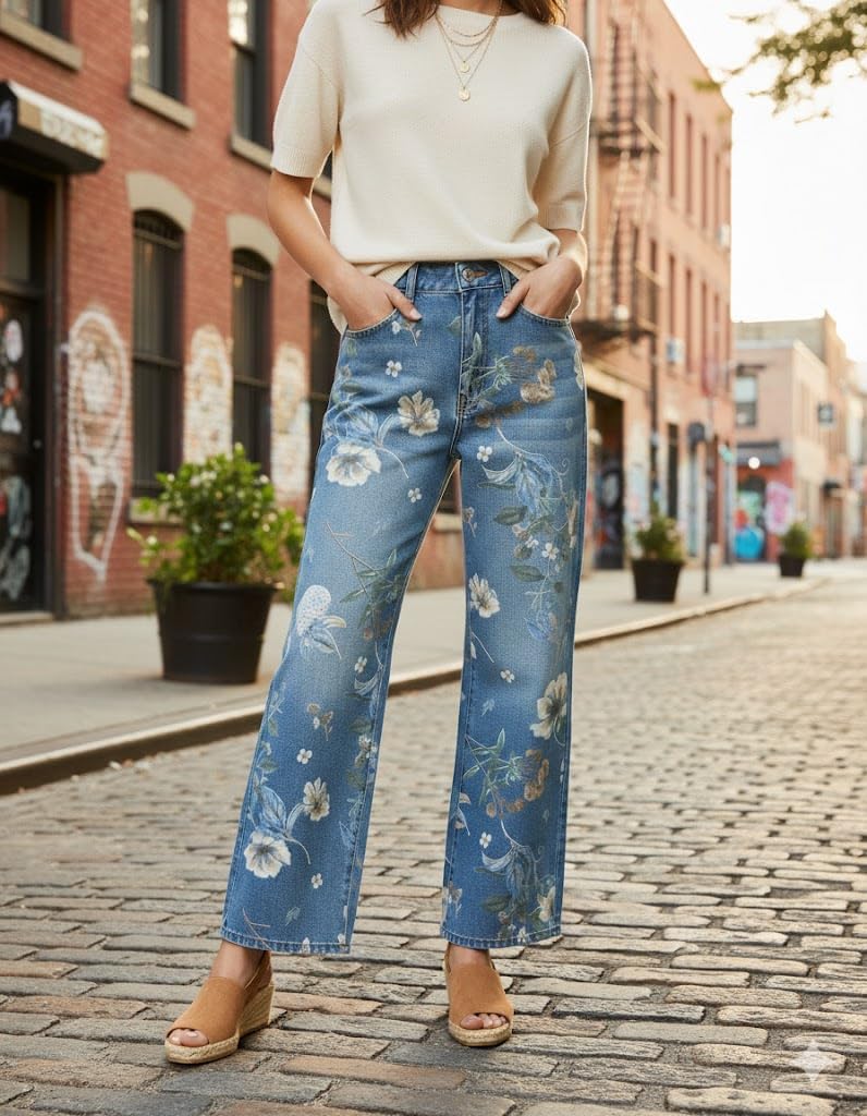 Women's High Waist Wide Leg Floral Printed Jeans Vintage Barrel Denim Pants Y2K Casual Patchwork Cute Jeans for Women - Image 3