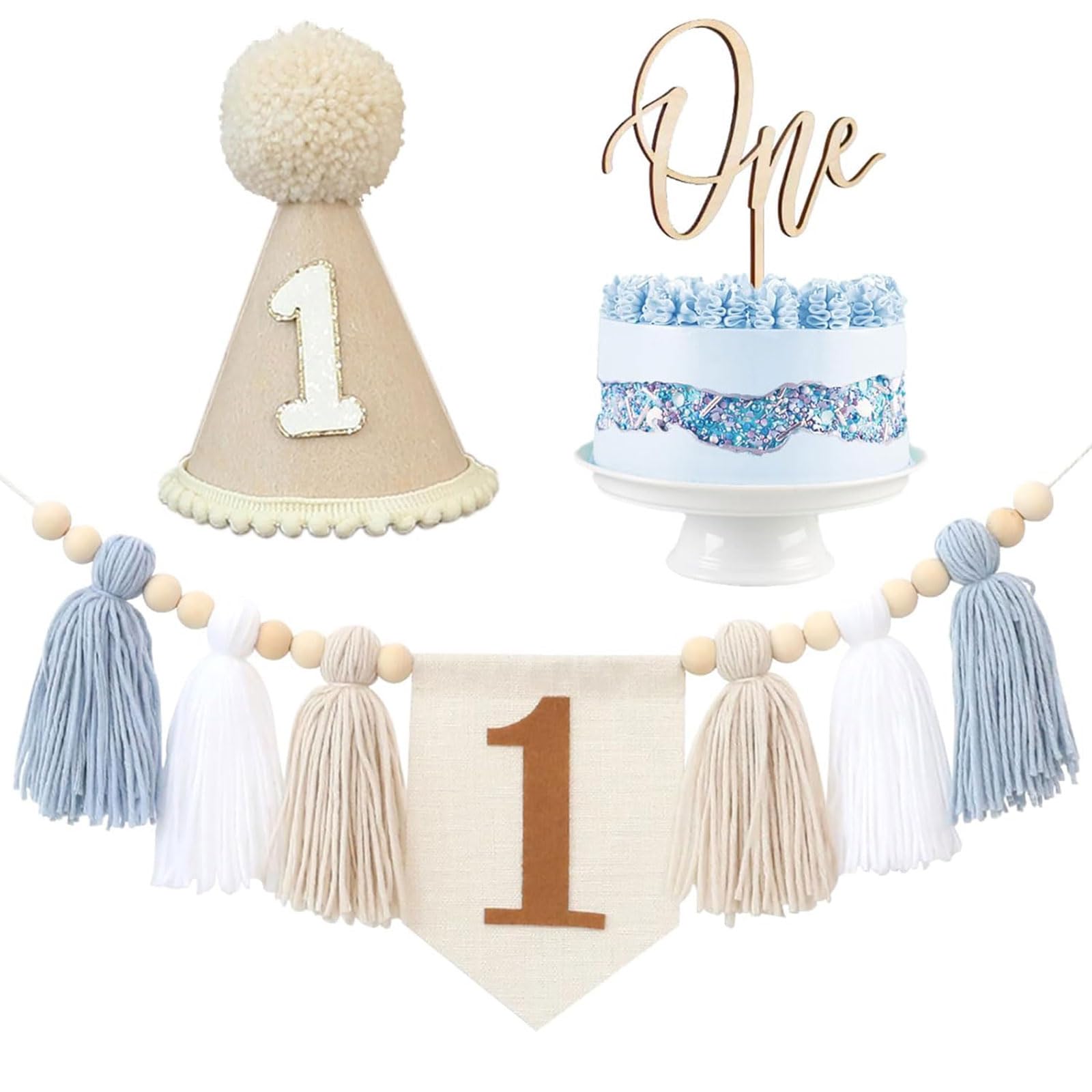 1. Geburtstag Dekoration Set - Banner, Krone & Kuchen Topper In Blau/Weiß Für Jungen