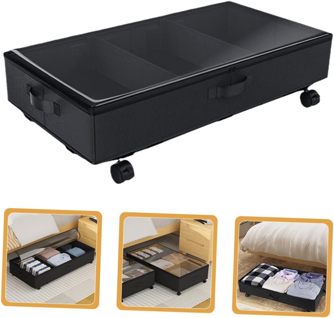 Bed Organizer Storage Bin with Wheels, Large Capacity Oxford Fabric 3-grid Clothes Storage Container, Dustproof Clothing and Organizer for Bedroom