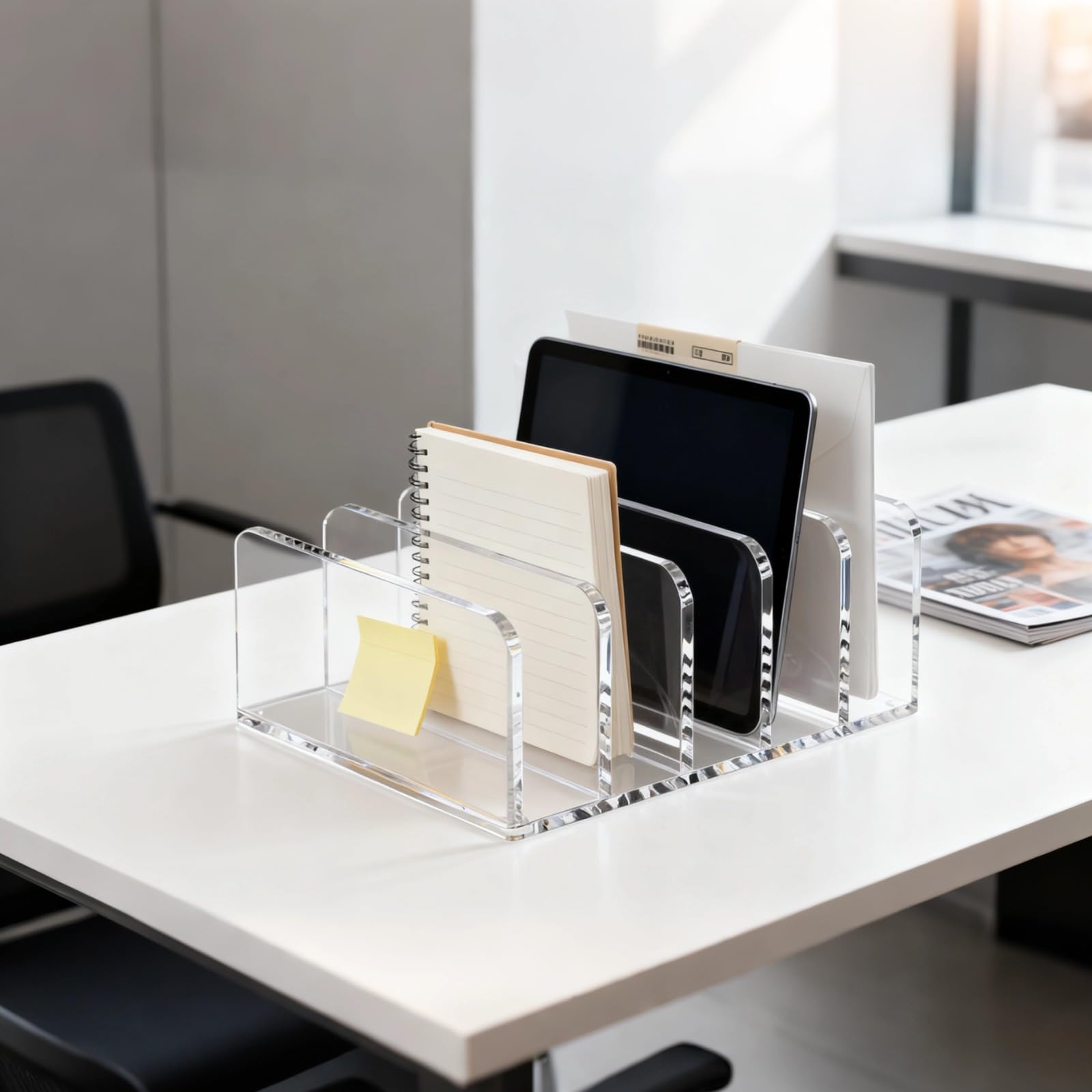 Generisch Akrylowy organizer na biurko z 5 przegródkami, przezroczysty uchwyt na dokumenty, sortownik listów, kompaktowe przechowywanie magazynków, 16,2 x 15,6 x 7,6 cm