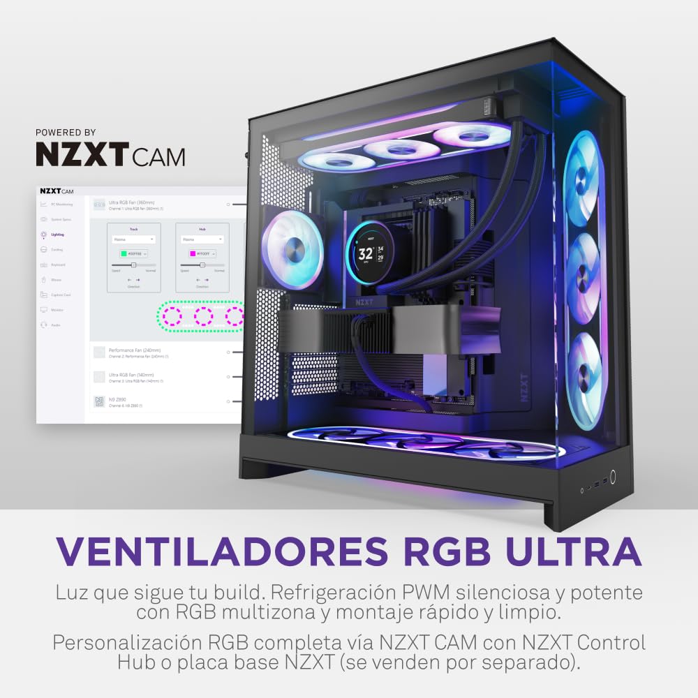 NZXT F360U Ultra - Ventilador RGB Multizona Marco Único 360mm - Negro | Unidad Ultra de marco único de 360mm con tres ventiladores de 120mm y RGB multizona. Ultrasilenciosa, premium, RGB con CAM.
