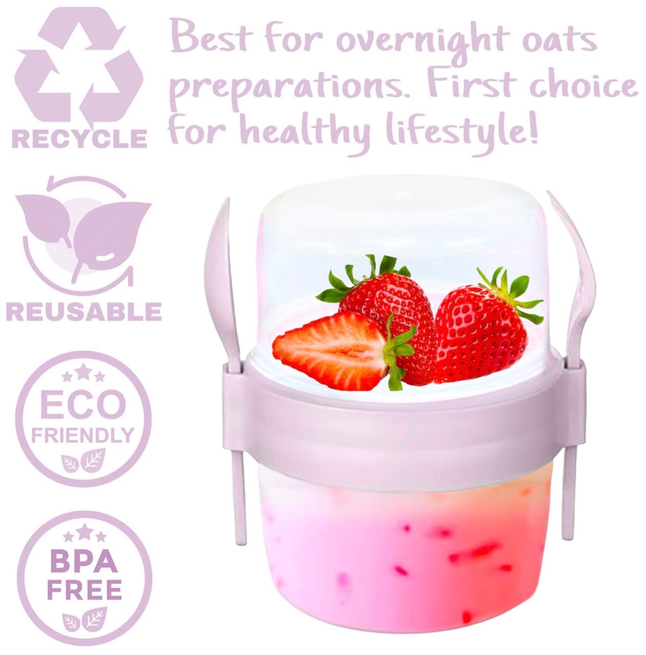 CRYSTALIA Take and Go - Set di 4 vasetti per yogurt senza BPA, con cucchiaio e forchetta, avena notturna, lavabili in lavastoviglie, per muesli da asporto, per macedonia di frutta, con coperchio