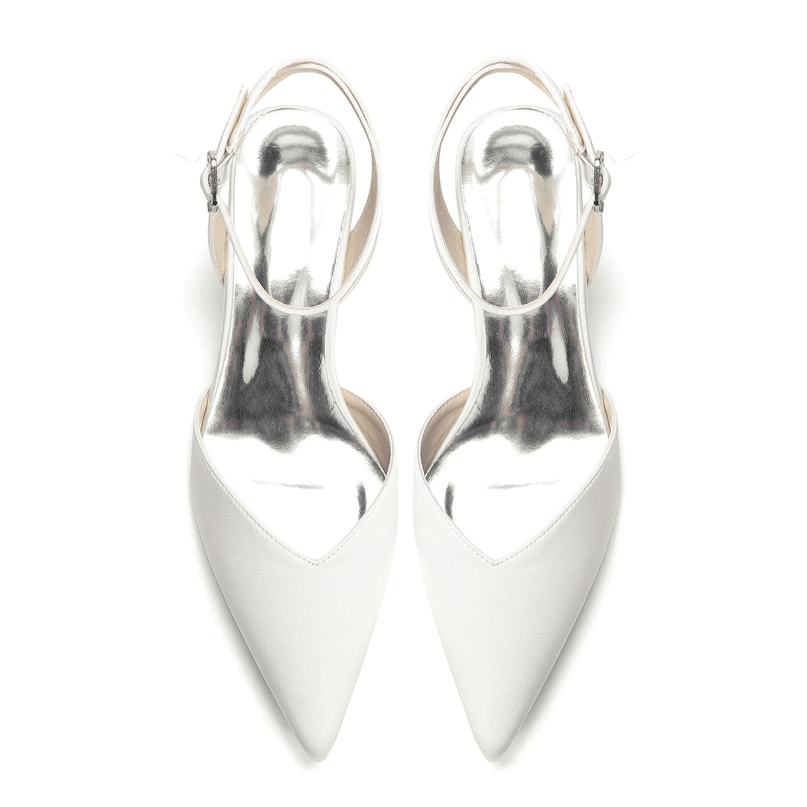 Scarpe da Sposa Donna Basse in Raso Avorio, Slingback Bianco Punta Ballerine Eleganti con Cinturino alla Caviglia e Fibbia di Strass Décolleté per Cerimonia e Sera