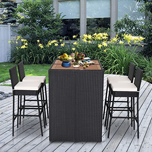 Tangkula-5-Piece-Patio-Wicker-Bar-Set-Patiojoy-Outdoor-Acacia-Wood-Bar-Height-Table-4-Rattan-Bar-Stool-Chairs-with-Backrest-and-Footrest-Outdoor-Dining-Bistro-Set Tangkula 5 Piece Patio Wicker Bar Set Patiojoy Outdoor Acacia Wood Bar Height Table 4 Rattan Bar Stool Chairs with Backrest and Footrest Outdoor Dining Bistro Set