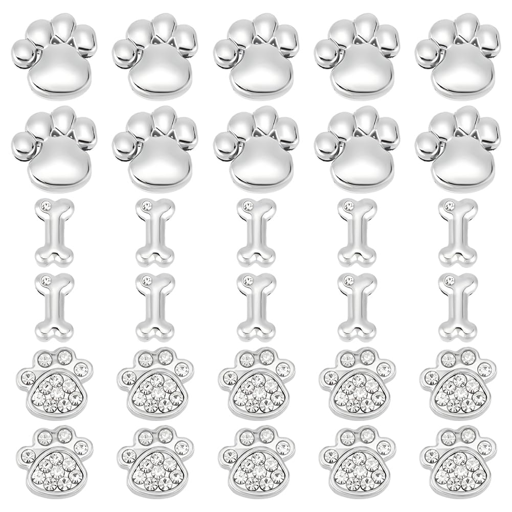SUNNYCLUE 1 Box 30Pcs 3 Styles Pet Paw Charm Rhinestone Slide Charms Bulk Metal Alloy Crystal Animal Cat Dog Claw Prints Footprint Glitter Art 3D Charms Bead for Jewellery Making DIY Crafts Findings