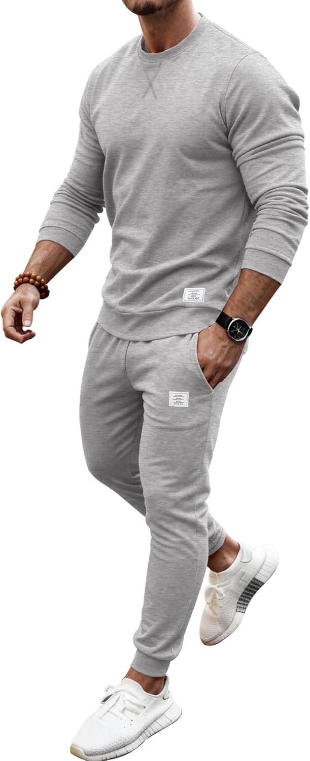 PLEPAN Men's 2 Piece Sweatsuit Lightweight Long Sleeve Crewneck Pullover Jogger Matching Sets Casual Outfits Tracksuit