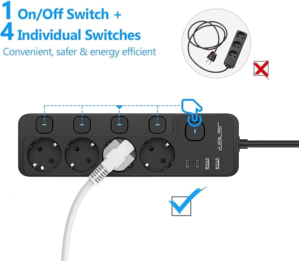 JSVER Regleta Enchufe USB de 4 Tomas con 4 Interruptor Individualcon, Regleta 4 USB Puertos(2 A,2 C) Alargadera Electrica para el hogar, la Oficina y los ViajesCable 2m-Negro - 3