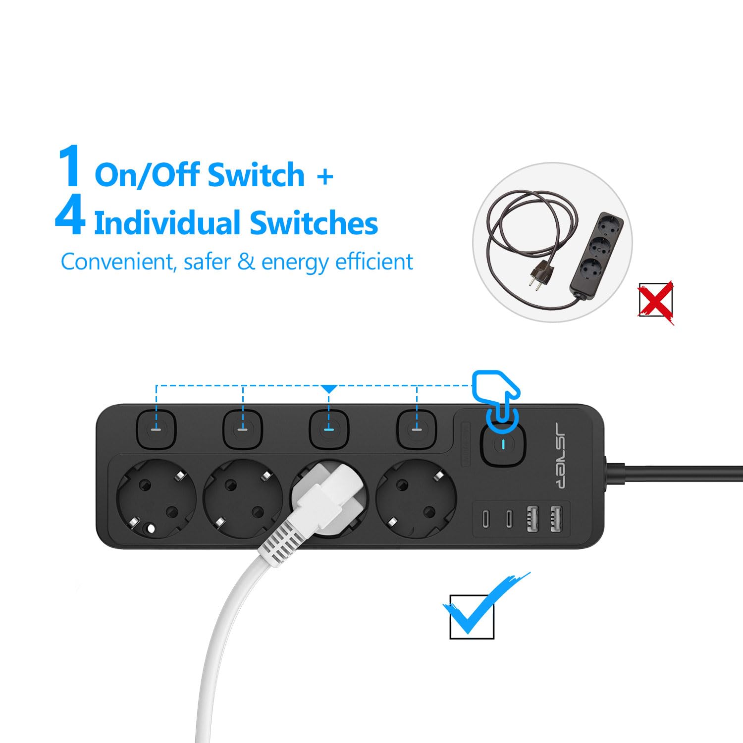 JSVER Regleta Enchufe USB de 4 Tomas con 4 Interruptor Individualcon, Regleta 4 USB Puertos(2 A,2 C) Alargadera Electrica para el hogar, la Oficina y los ViajesCable 2m-Negro — view 3
