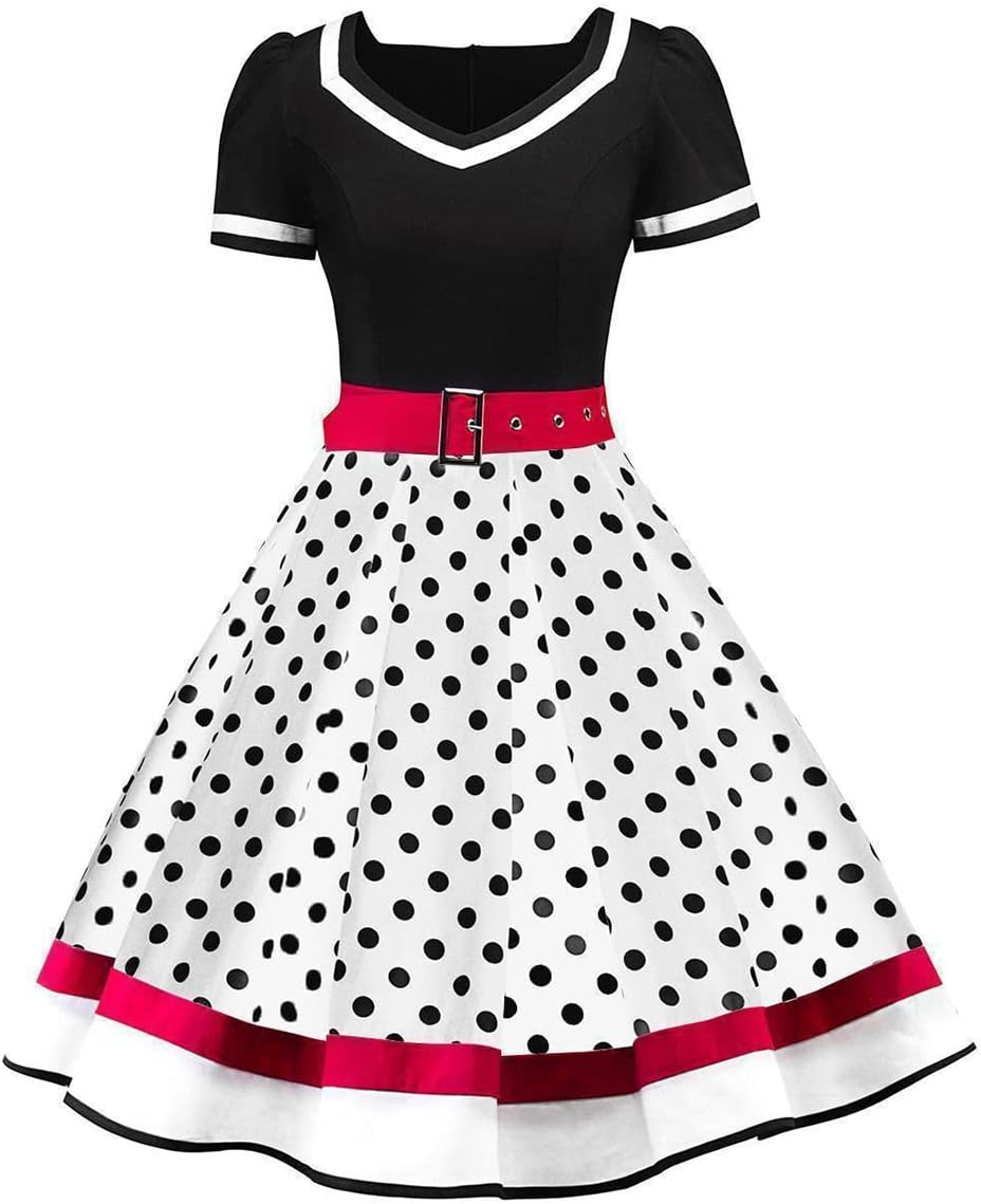 Women Short Sleeve Sailor 1950s Vintage Dress 50s Audrey Hepburn Rockabilly Cocktail Swing Dress 1940s Tea Party Dress with Belt Pleated Wedding Prom Fared A-Line Midi Evening Gown White+Black L