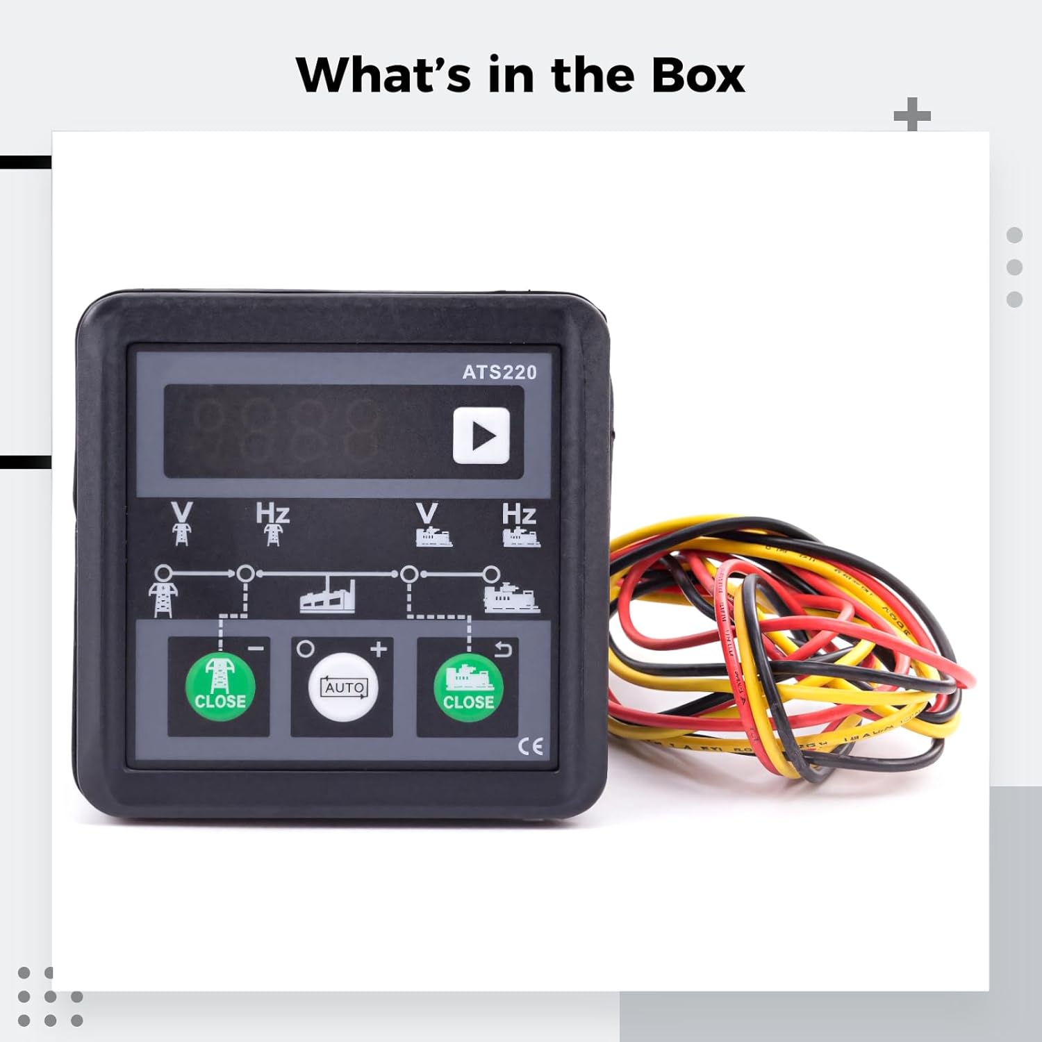 Contents of the ATS220 product package, including the controller and wiring harness