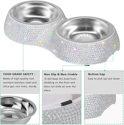 Miniatura 3 de SAVORI Cuencos para perros pequeños rosados hechos a mano con diamantes de imitación brillantes de acero inoxidable comedero doble para alimentos
