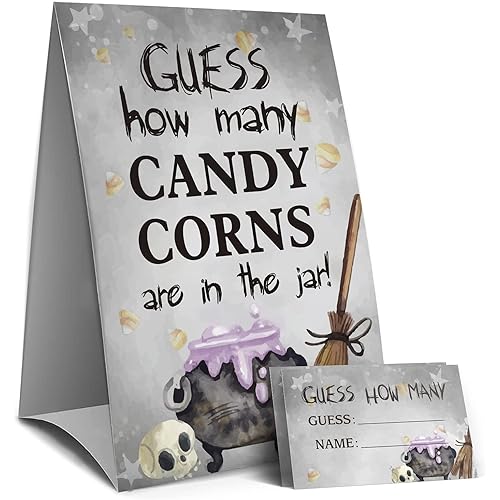 Guess How Many Candy Corns Halloween Party Game, Halloween Party Favors Supplies, Halloween Party Game,Trick or Treating, Family Activity - 1 Sign and 50 Guessing Cards(25A)