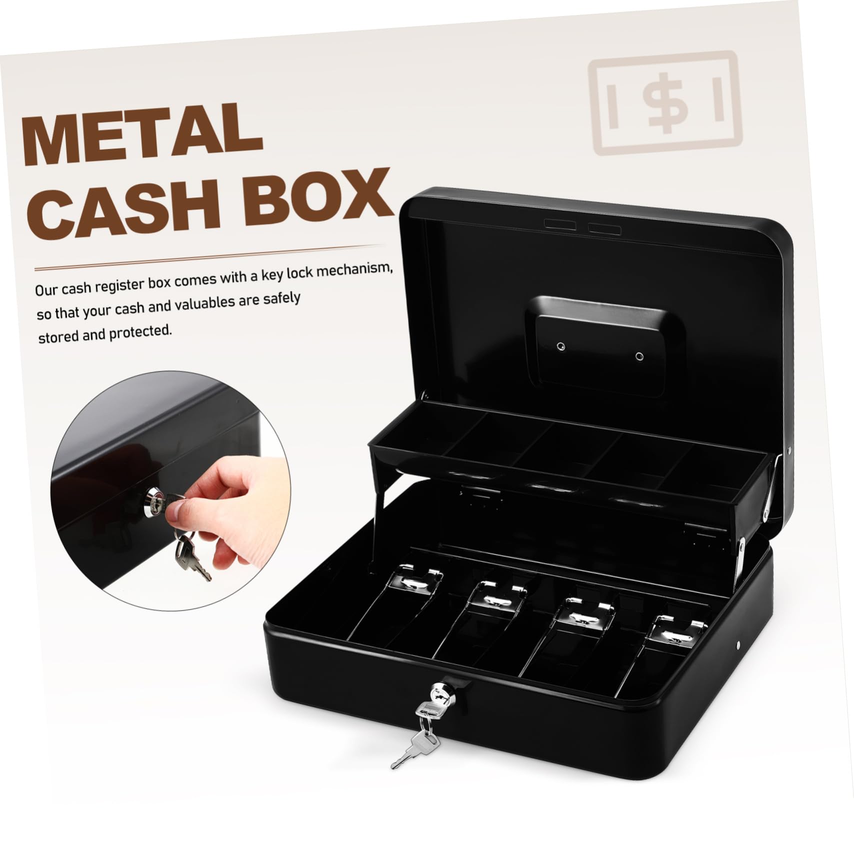 Caja Registradora con Llave y Bandeja para Monedas y Billetes, de Hierro Resistente, Portátil, con Gran Capacidad para Uso Doméstico y Comercial