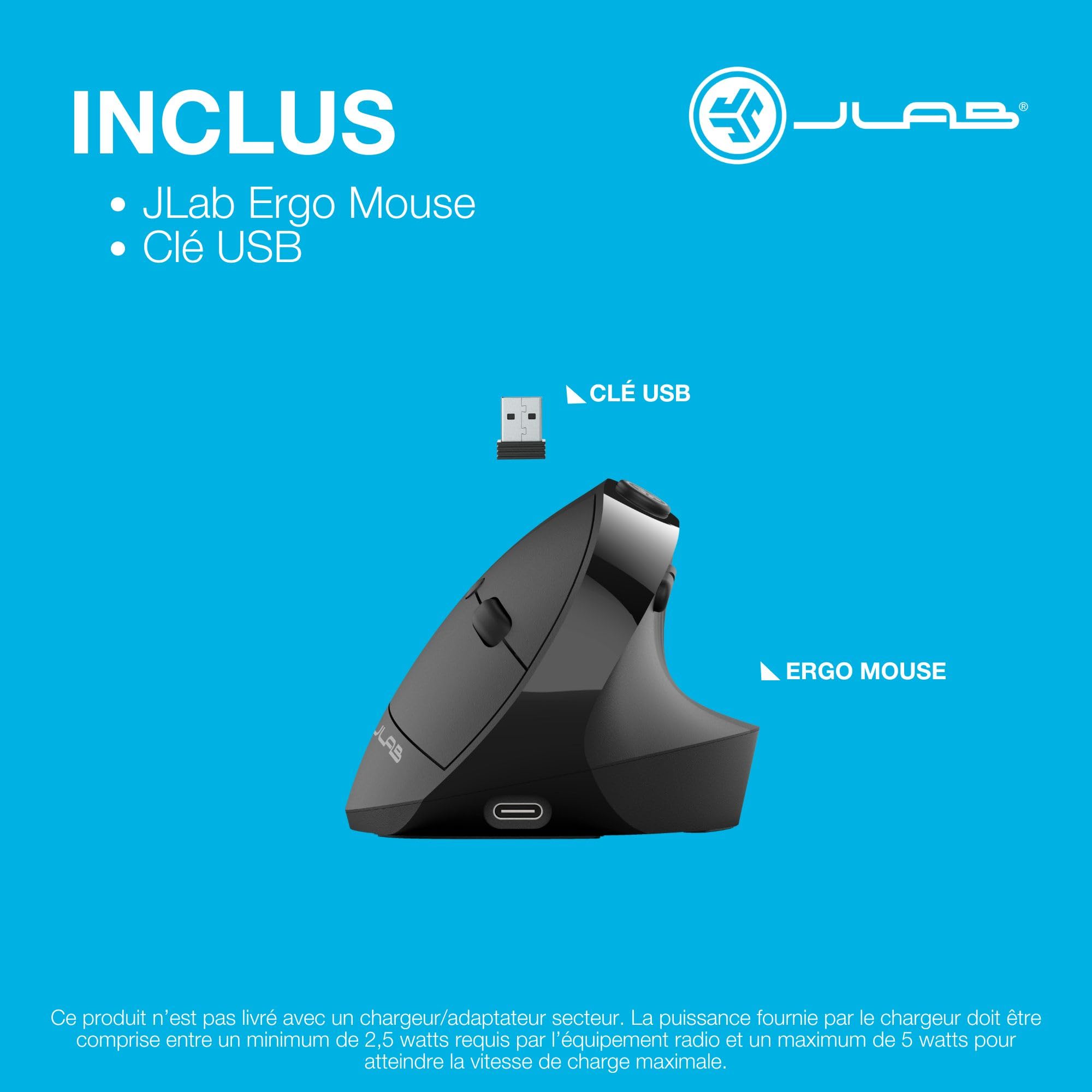 JLab JBuds Ergo Mouse Wireless Ricaricabile Silent - Ergonomico | Collegati Tramite Ricevitore Bluetooth o USB, Multidispositivo, per Computer Portatile, Desktop PC, Tablet, Windows/Mac