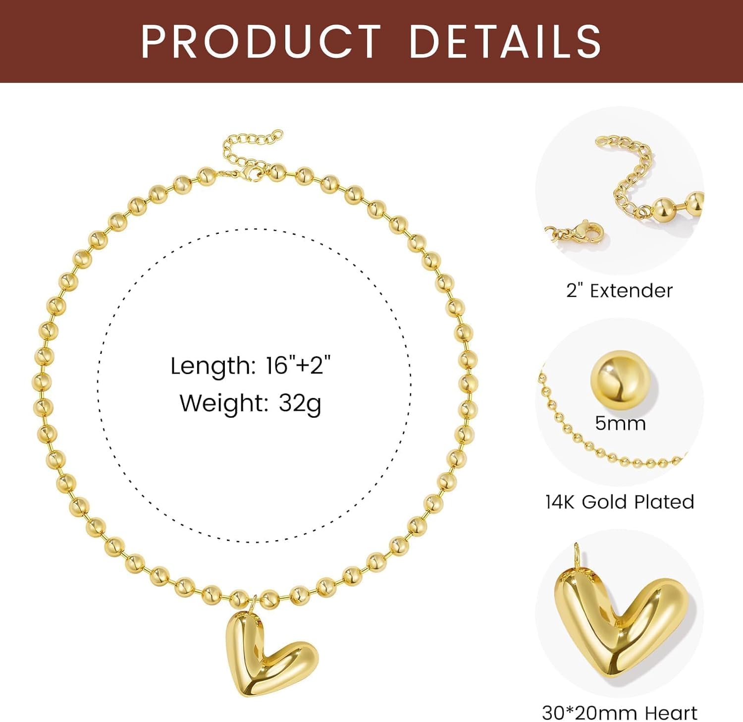 KELORIS PATH Heart Necklace for Women, 14K Gold Plated Chunky Puffy Pendant Charm Choker, Trendy Statement Ball Chain Jewelry Gifts - Image 5