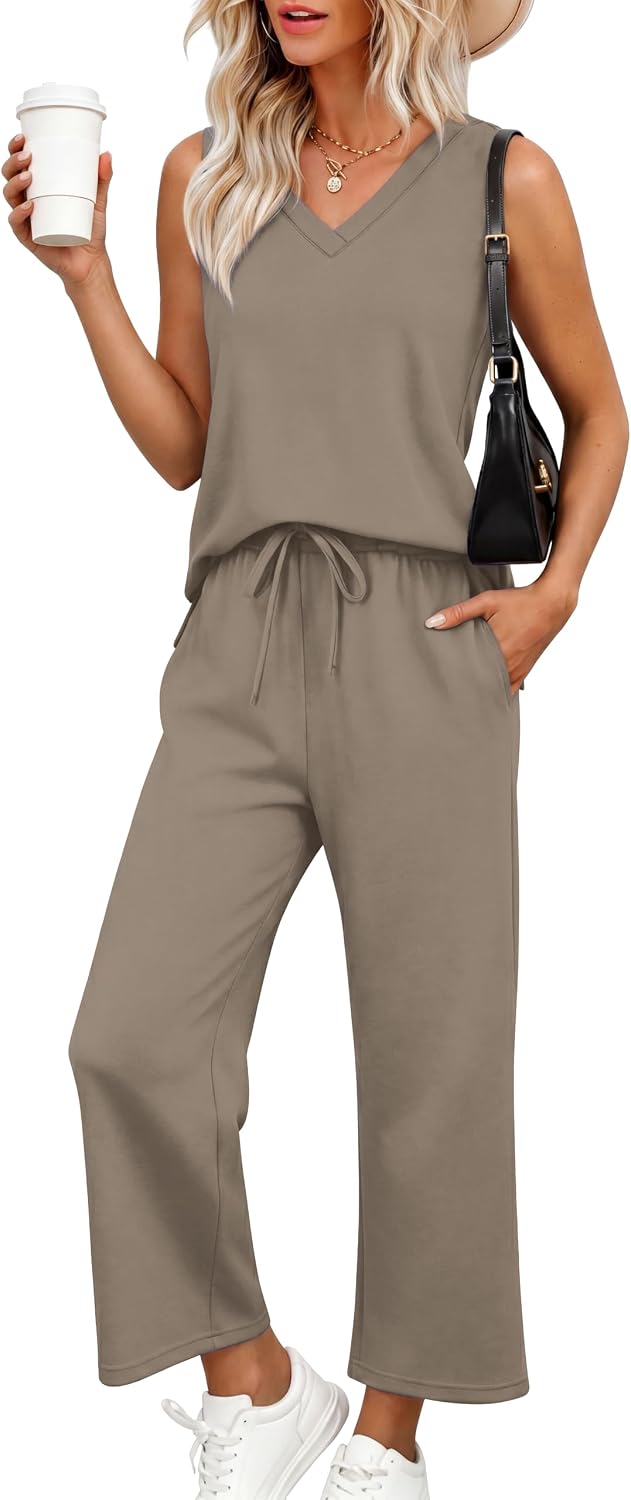XIEERDUO Two Piece Sets for Women Summer Vacation Travel Outfits V Neck Lounge Matching Sets