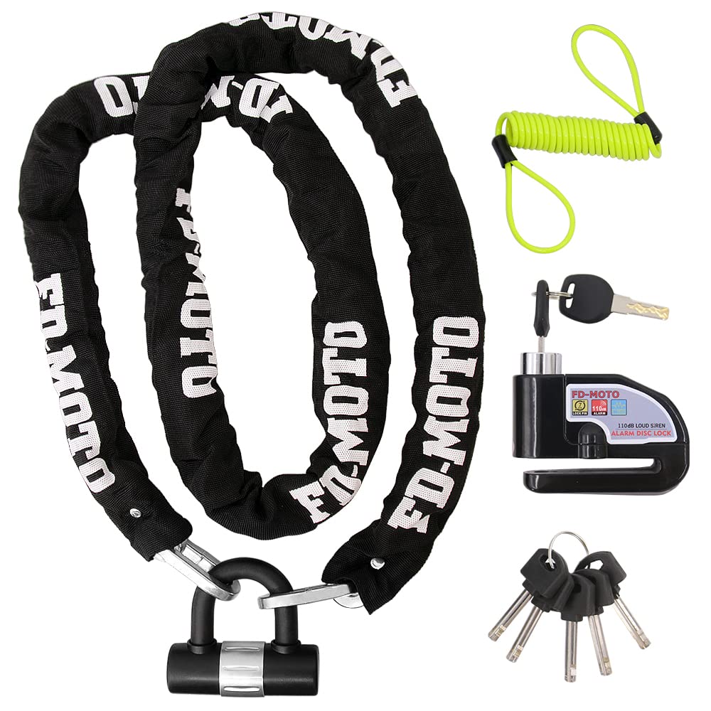 FD-Moto 2M*10mm 4.3KG Steel Motorcycle Chain Lock Padlock + 110dB Black Alarmed Motorbike Brake Disc Lock + 1.5M Cable