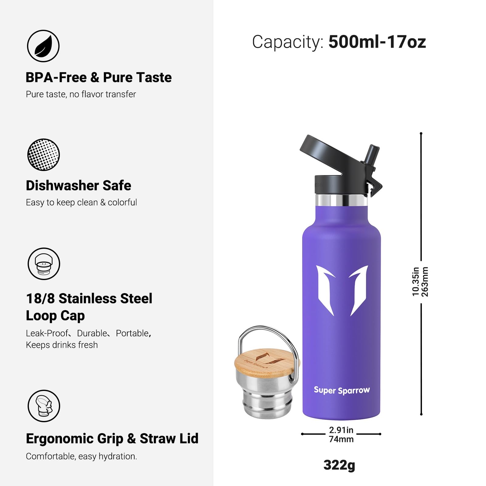 Super Sparrow Borraccia Termica - Bottiglia Termica Senza Perdite - 350ml/500ml/620ml/750ml/1L - Senza BPA Borracce Bambini - Per Scuola, Sport, Campeggio, Palestra, Ciclismo - Con 2 Tappi