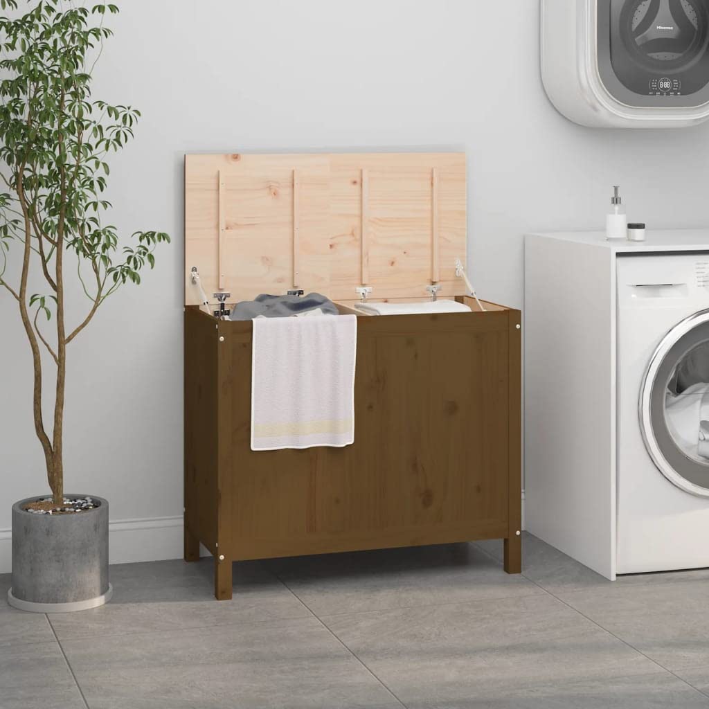 Wäschetruhe Honigbraun aus massivem Kiefernholz 88,5x44x76 cm mit Deckel und Fach, klappbar als Wäschesammler und Organizer für Badezimmer, Schlafzimmer, Waschküche, Kinderzimmer