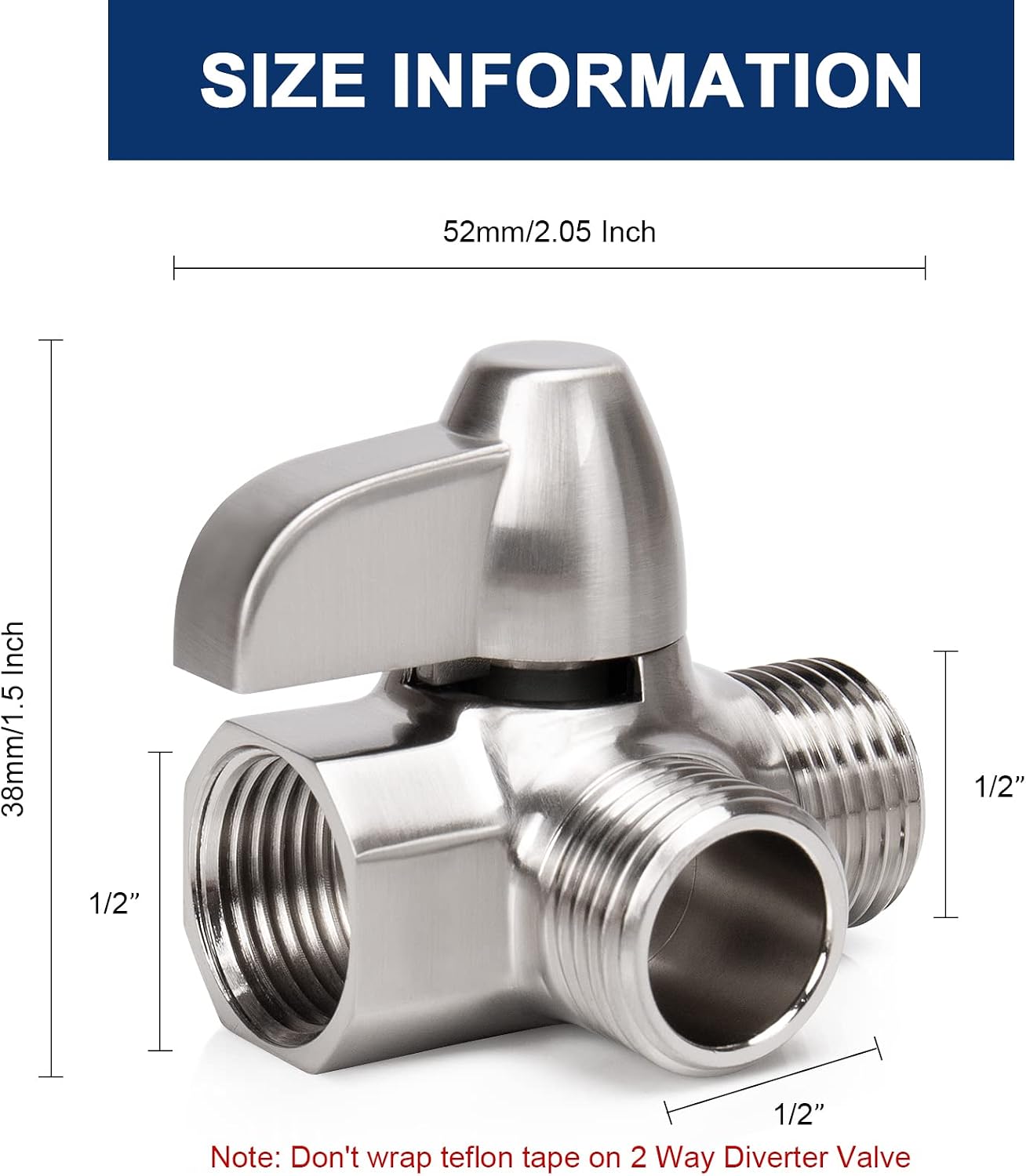 NearMoon Solid Brass G1/2" Shower Arm 2-Way Diverter Valve for Hand Shower and Fixed Spray Head T-Adapter (Brushed Nickel)