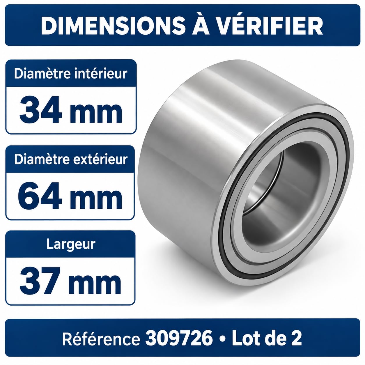 Lot de 2 Roulements de Roue 309726, 34 x 64 x 37 mm, Compatible avec Ifor Williams P6, AL-KO 605124 et Knott 45887.10, pour Remorque