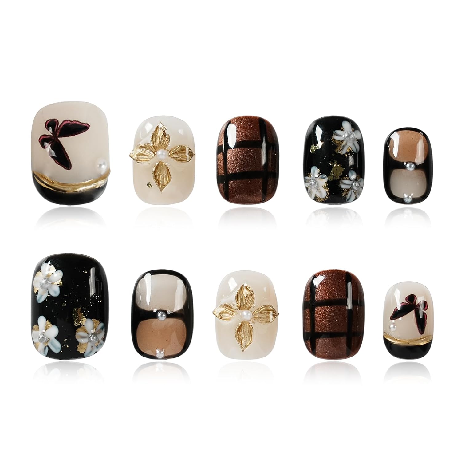 3D Gold Butterfly Press on Nails - Handmade Flower Design