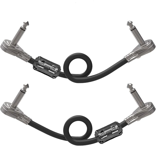 Guitar Patch Cables 1/4 inch, Ancable 2 Pack Right Angle Low profile Flat Patch cable for Instrument Effect Pedals 12 INCH