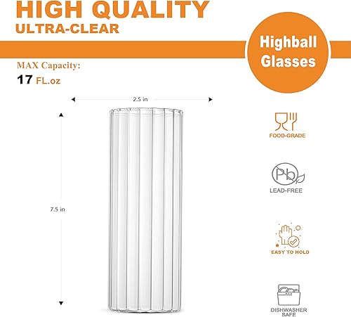 Miniatura 2 de Juego de 6 vasos finos sin plomo, vasos de vidrio altos de 17 onzas con rayas integradas, vasos de agua grandes y modernos Collins, tazas de café