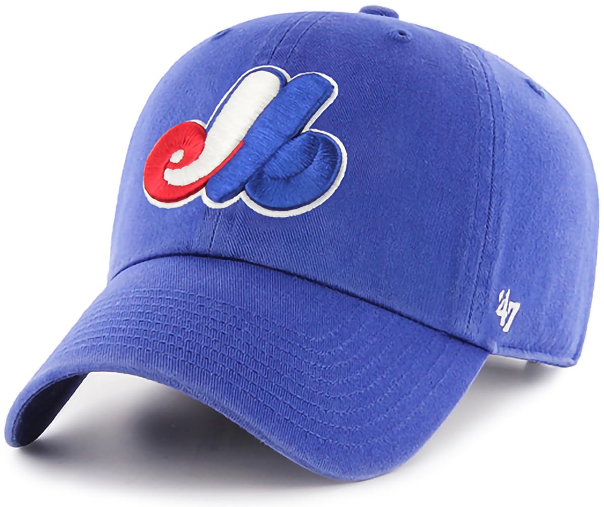 47 Brand MLB Cooperstown Primary Logo Clean Up Adjustable Baseball Cap Hat, Adult One Size Fits All, Montreal Expos, One Size