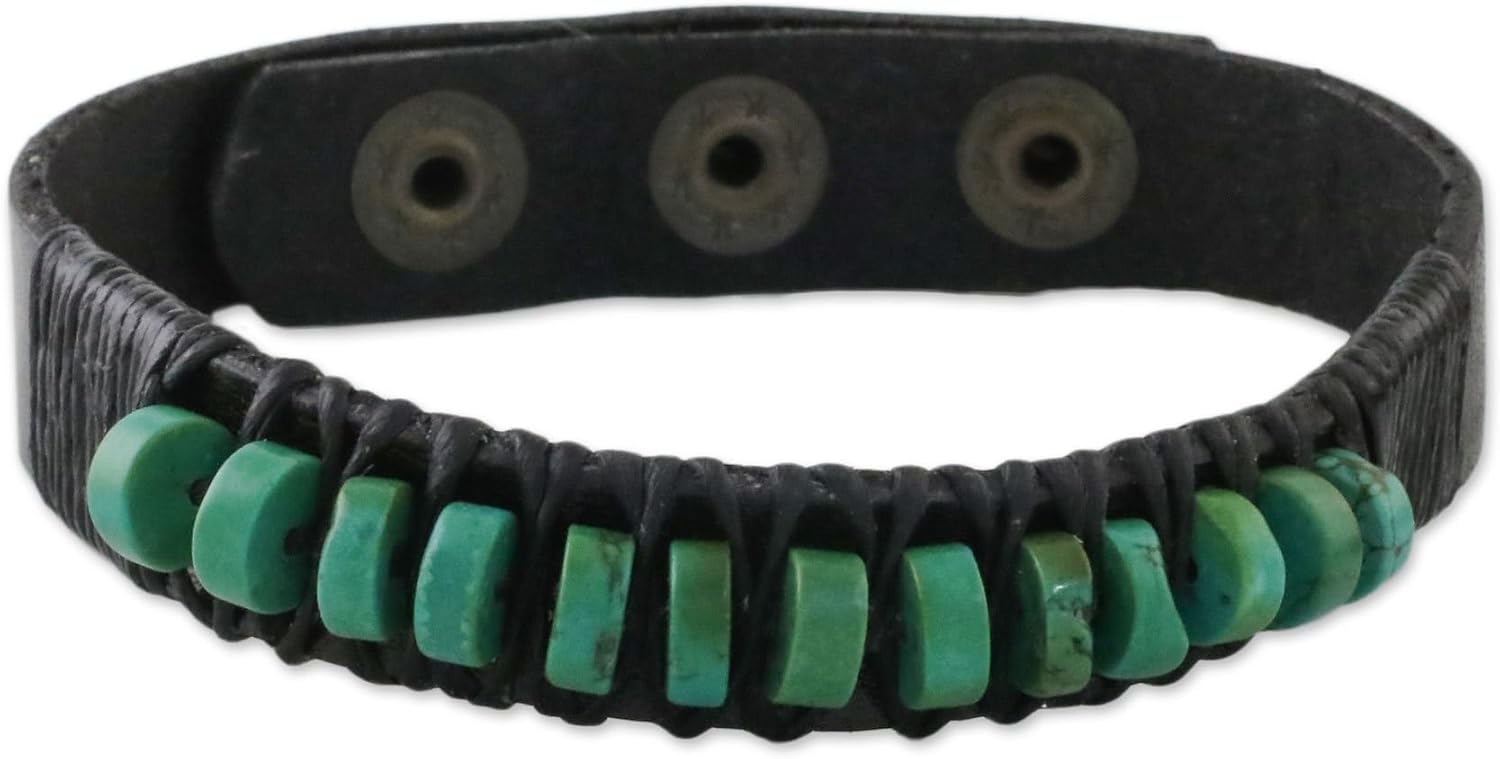 NOVICA Artisan Handmade Men's Leather Wristband Bracelet Brown Recon Turquoise Reconstituted Black Blue Thailand [7.75 in min L x 8.75 in max L x 0.4 in W Pendant(s) 0.4 in L x 2.2 in W] ' Straight