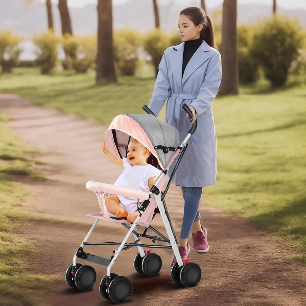 Passeggino per bambini, pieghevole, passeggino da viaggio con batuffoli di cotone e zanzariere (rosa-C)