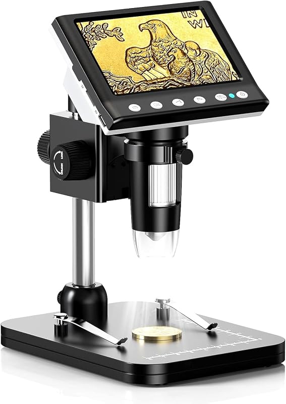 Hayve Microscopio de monedas IPS de 4,3 pulgadas, suministros de colección 1000X con luces | Microscopio digital para adultos,8 ​​LED ajustables,Compatible con Windows,Tarjeta TF de 32 GB