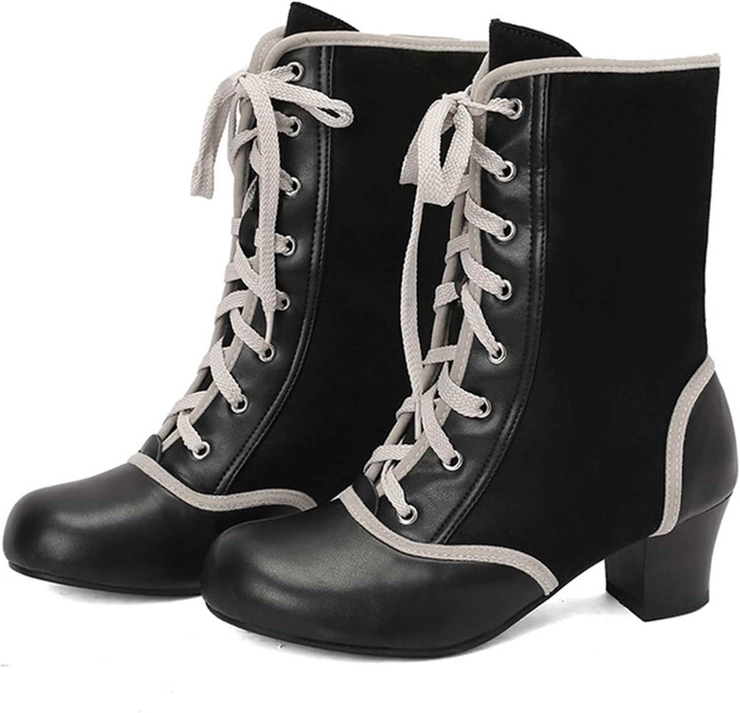 Alyaafifa Lace Up Block Heel Ankle Boots for Women Vintage Victorian Gothic Booties Closed Round Toe Suede Leather Mid Heel Short Boots Comfortable Retro Elegance