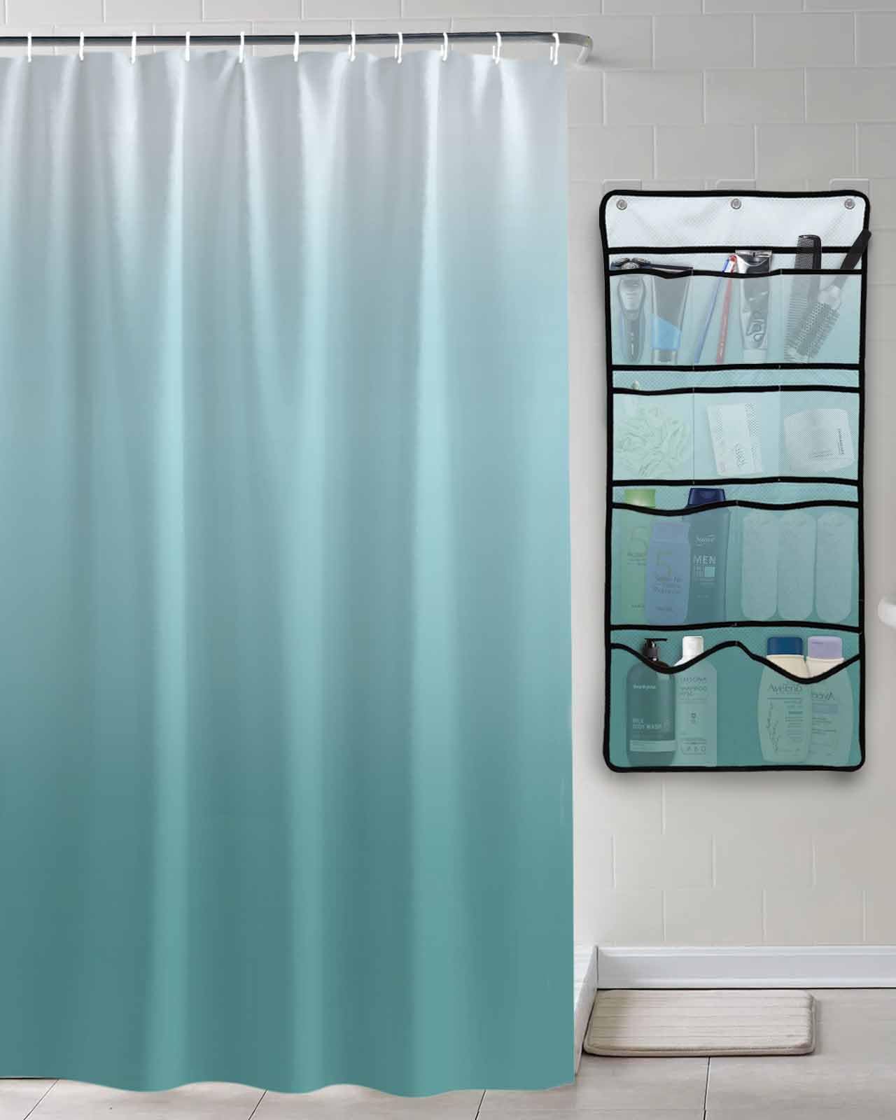 Shower Curtain Mesh Shower Organizer Hanging Set Turquoise Green Gradient Color Waterproof Shower Curtains with 10 Pockets Quick