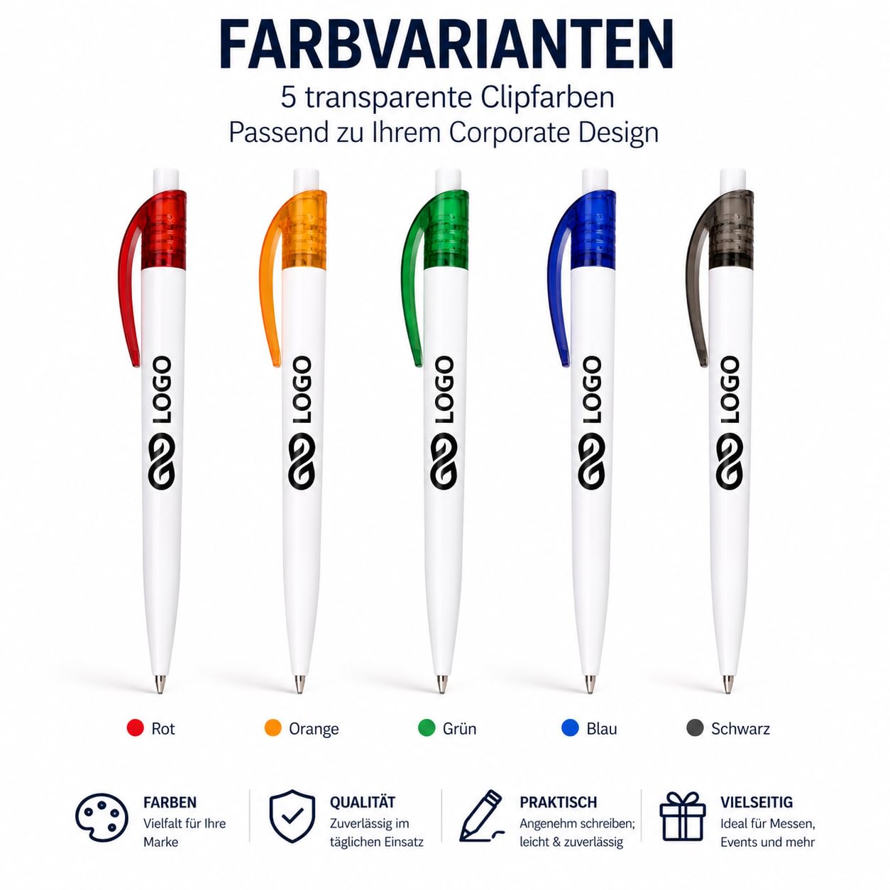 WPRO Werbekugelschreiber mit Logo Alex 100 Stück personalisiert, Kugelschreiber bedrucken für Firmen Messe Events, blauschreibend, 5 Farben, Druck inklusive