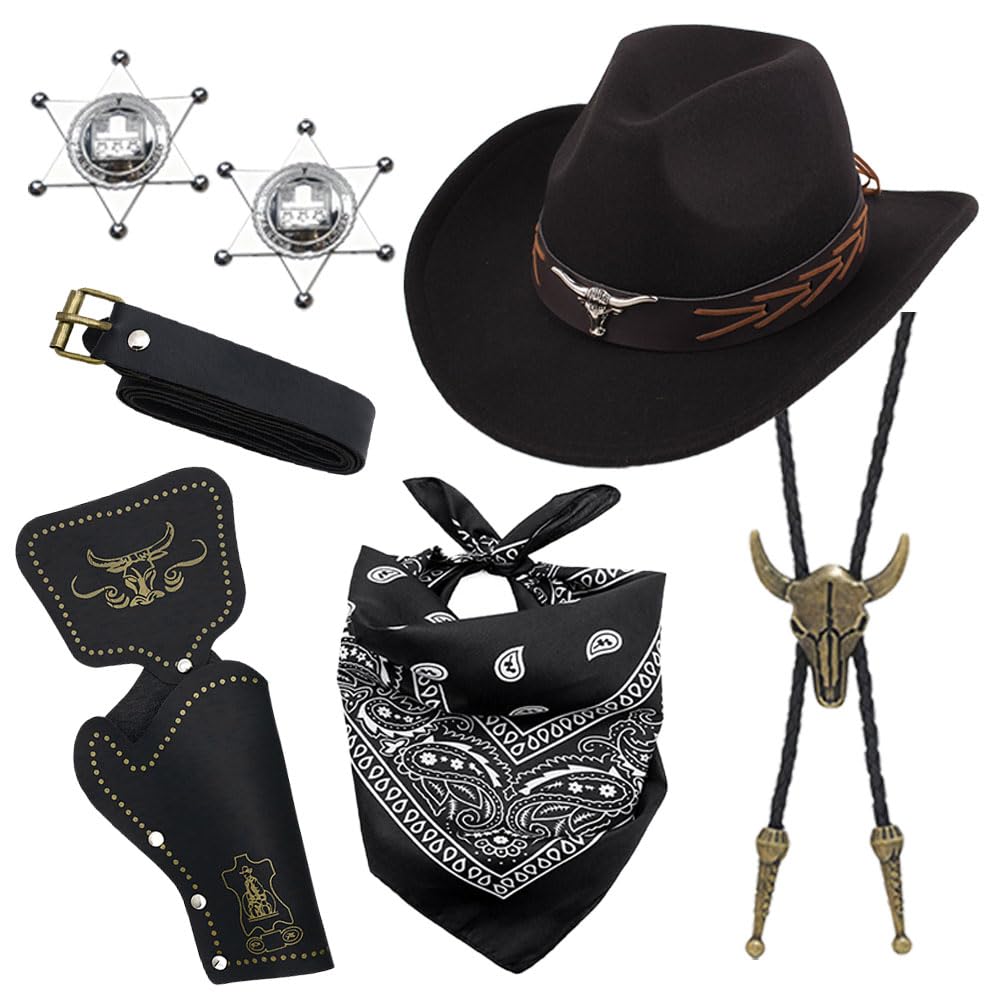 Cowboy Fancy Dress Accessories Set, 7PCS Cowboy Hat Costume Set with Hat Necklace Belt Bandana Western Outfit Accessories Sets Carnival Costume Sets Western Fancy Dress for Adults Cosplay(Black)