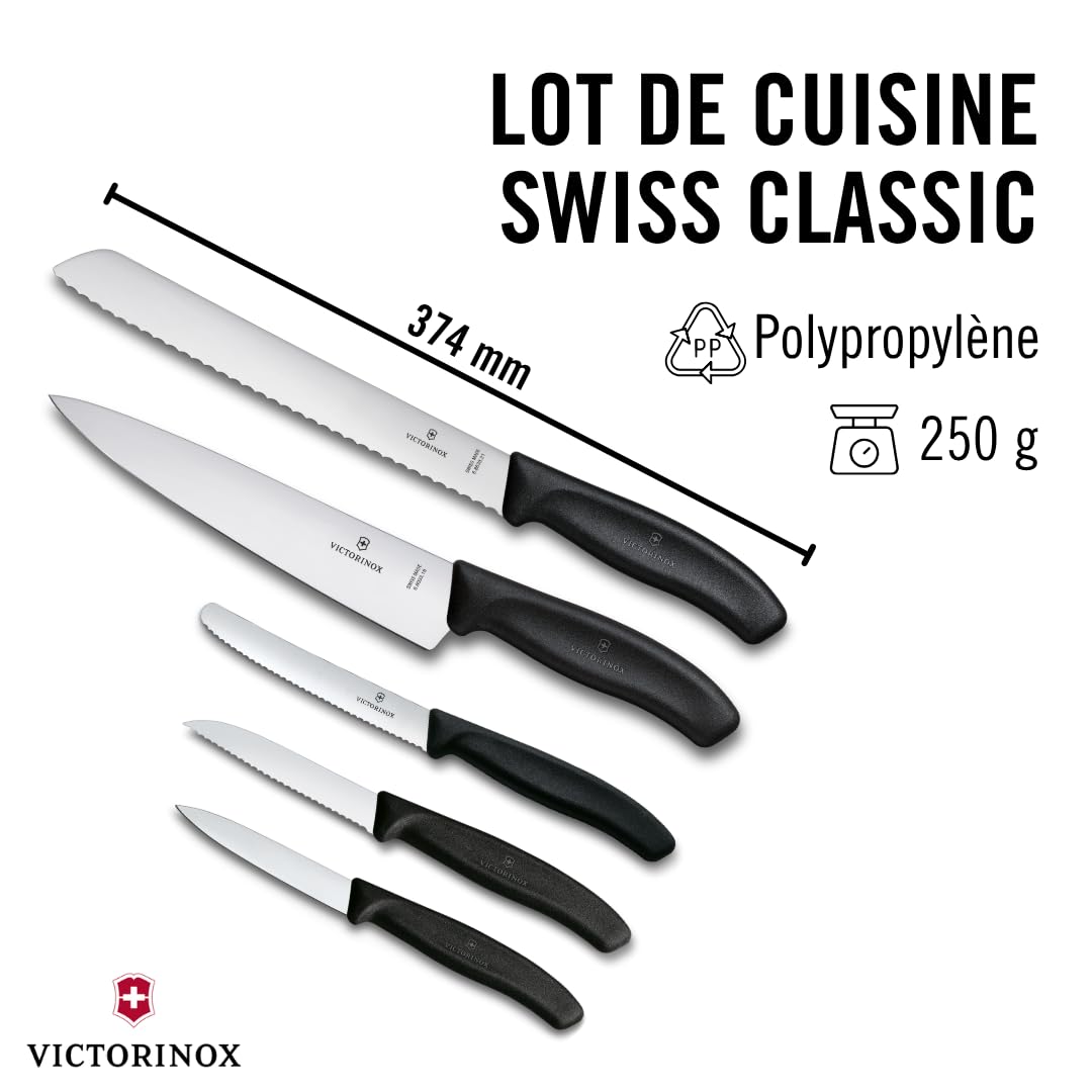 Victorinox Swiss Classic, Jeu de Couteaux de Cuisine, 5 Pièces en Boîte Cadeau, Lame en Acier Inoxydable, Noir