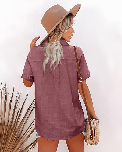 Miniatura 3 de Pausus Camisas de algodón y lino con botones para mujer, blusas de manga corta con cuello en V, cuello en V, blusas casuales de ajuste holgado para