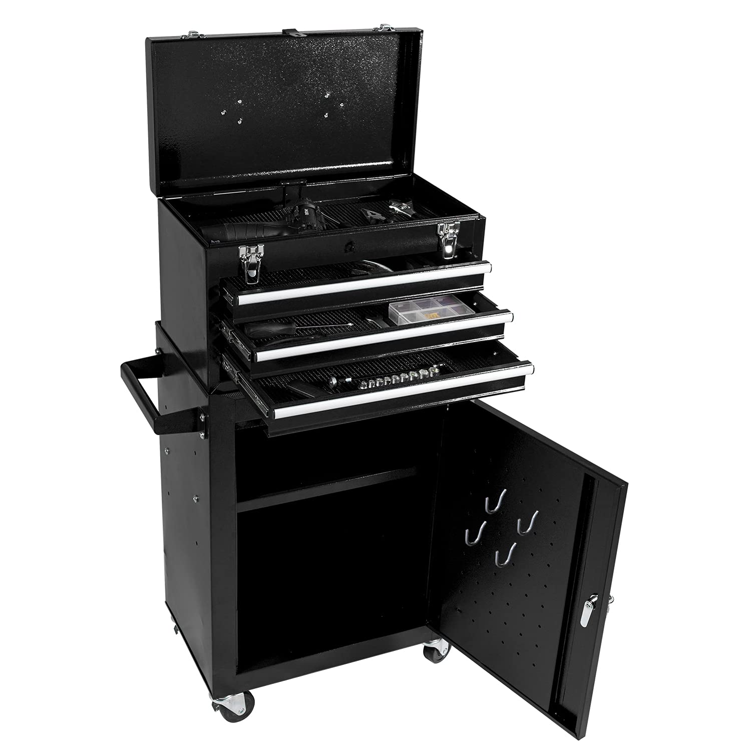 JD Trading Rolling Tool Storage Box, Tool Chest & Tool Cabinet Combo with 3 Lockable Drawer, 4 Wheels and Liner, for Garage Workshop and Warehouse(Black)