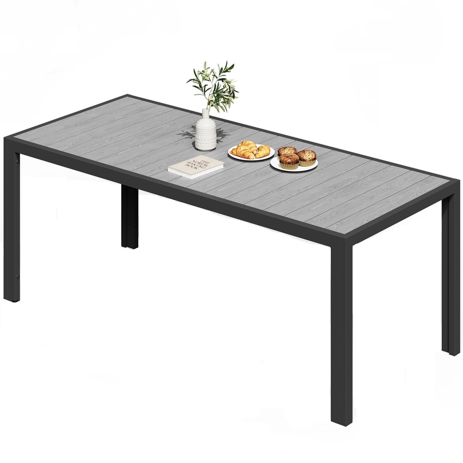 JUMMICO HDPS Wood Grain Garden Dining Table, Heavy Duty Weatherproof Aluminium Outdoor Table, Easy Maintenance, Seats 6-8 People, for Patio, Garden - Grey 189x80x72cm