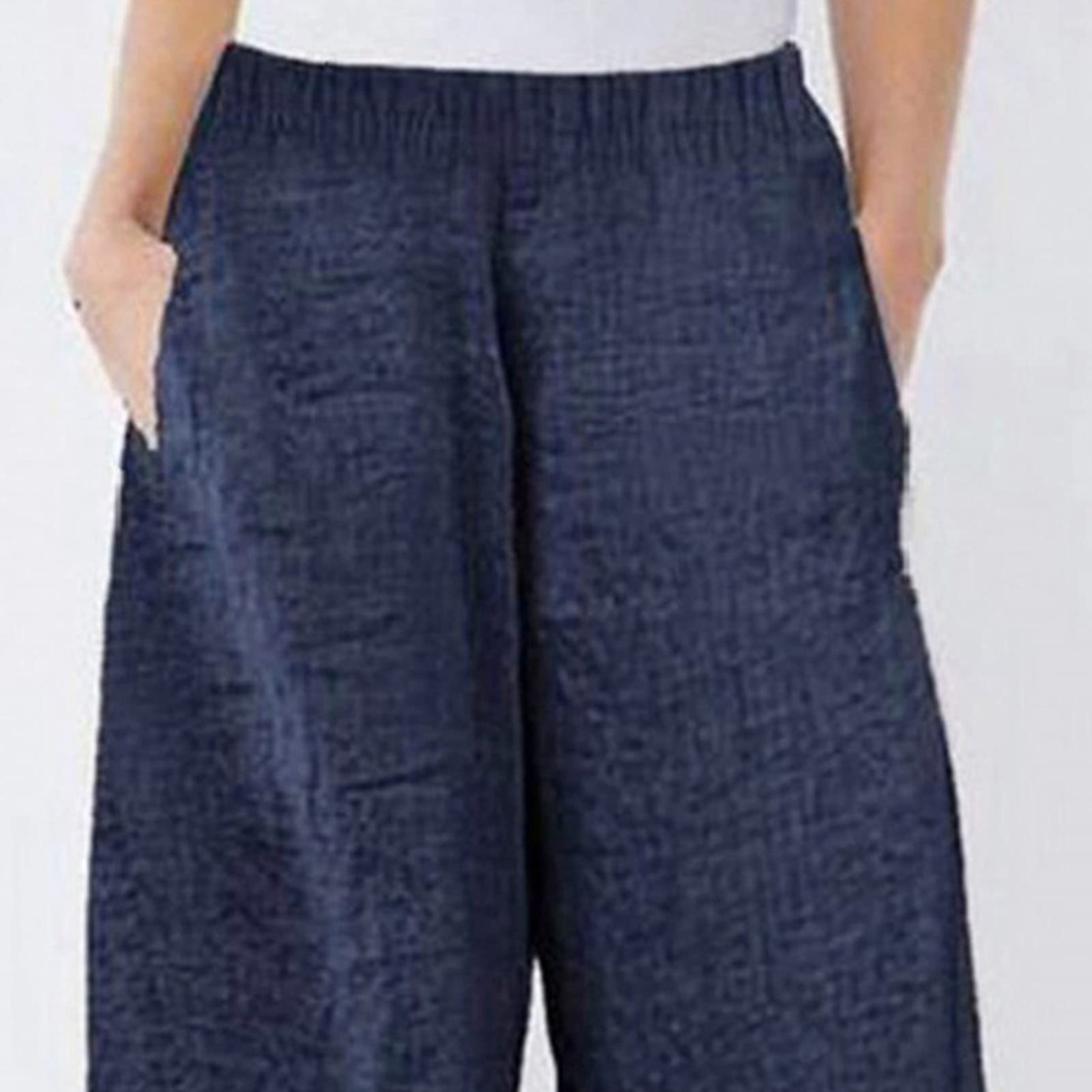 Maiyifu-GJ Women's Printed Linen Wide Leg Pants Summer Elastic Waist Beach Harem Trousers Lightweight Cropped Bottoms Pants (Dark Blue,X-Small)