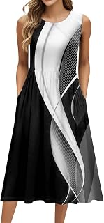 Summer Dresses for Women Beach Tank Dresses Flowy Floral A-Line Sundresses Casual Sleeveless Mid Dress with Pockets